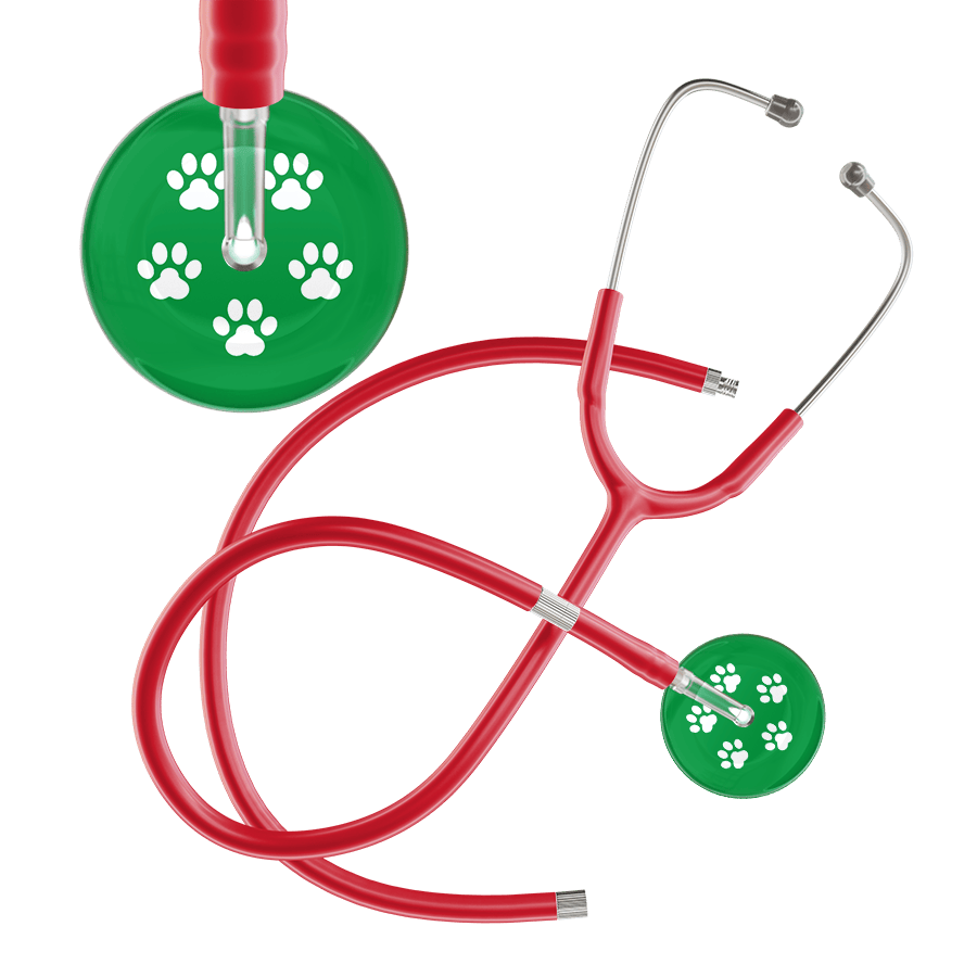 Ultrascope Single Stethoscope White Paw Green Background / Adult / Red Extended Tubing White Paw Print Dark Background Stethoscope