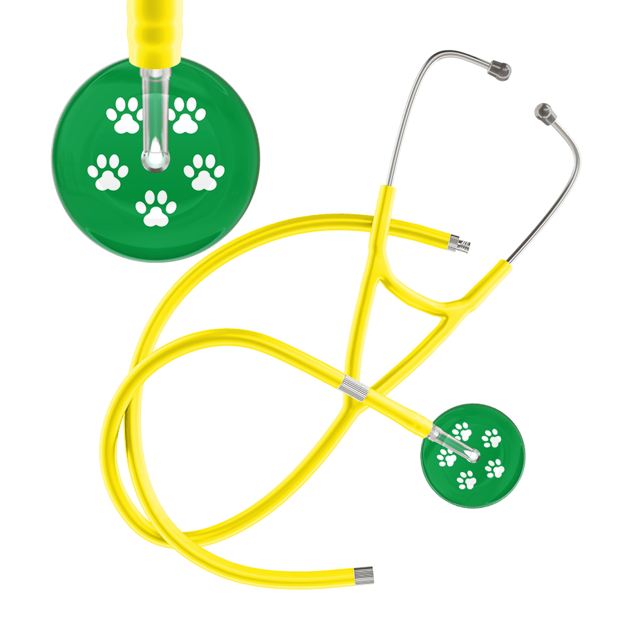 Ultrascope Single Stethoscope White Paw Green Background / Adult / Yellow Extended Tubing White Paw Print Dark Background Cardiology Stethoscope