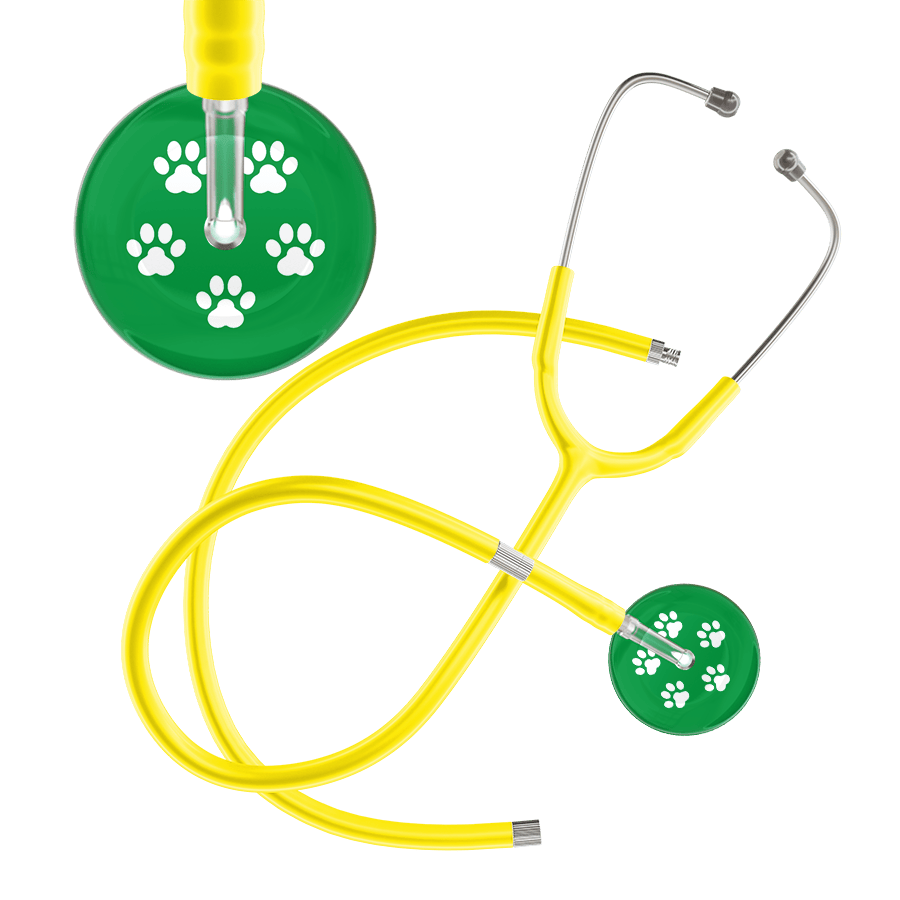 Ultrascope Single Stethoscope White Paw Green Background / Adult / Yellow Extended Tubing White Paw Print Dark Background Stethoscope