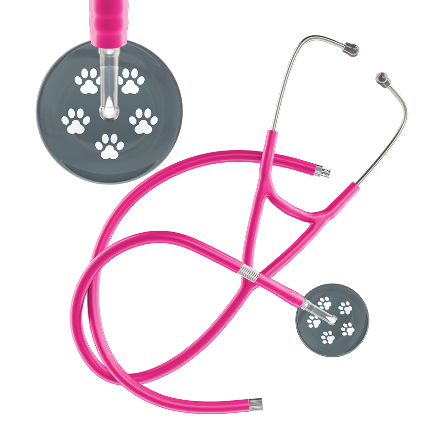 Ultrascope Single Stethoscope White Paw Granite Background / Adult / Hot Pink Extended Tubing White Paw Print Dark Background Cardiology Stethoscope