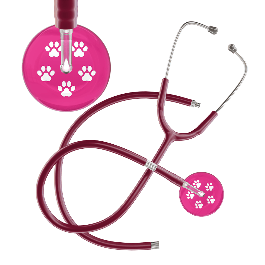 Ultrascope Single Stethoscope White Paw Hot Pink Background / Adult / Burgundy Extended Tubing White Paw Print Light Background Stethoscope