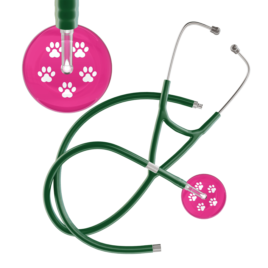 Ultrascope Single Stethoscope White Paw Hot Pink Background / Adult / Dark Green Extended Tubing White Paw Print Light Background Cardiology Stethoscope