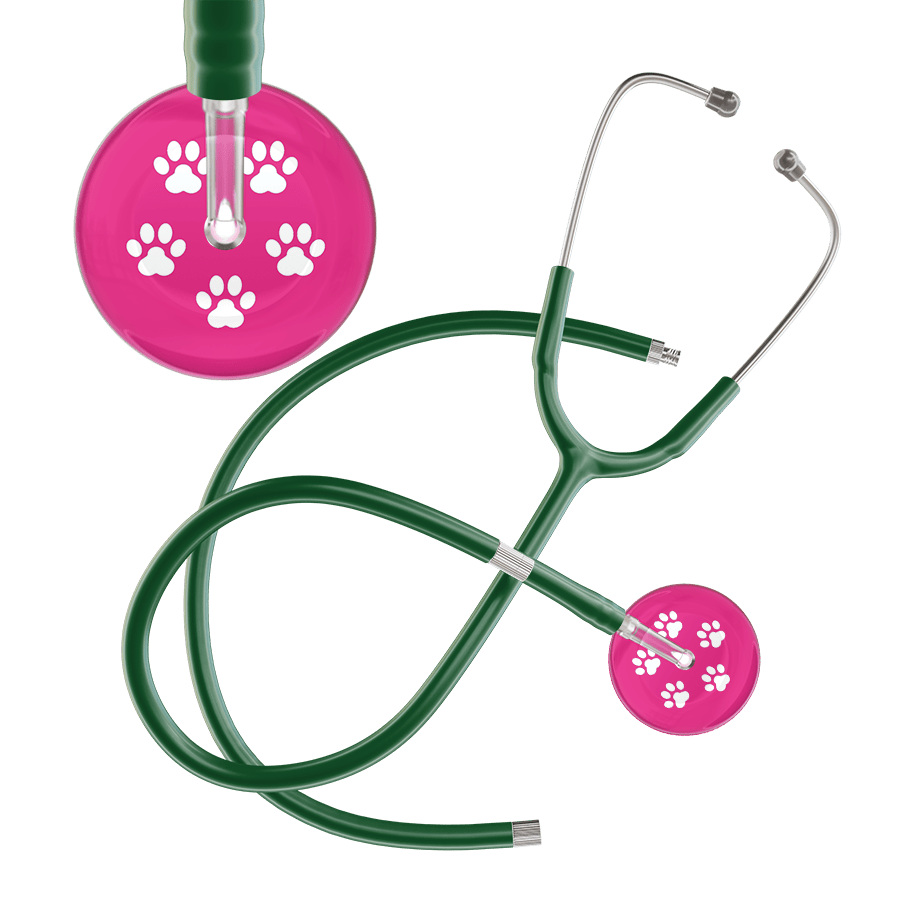 Ultrascope Single Stethoscope White Paw Hot Pink Background / Adult / Dark Green Extended Tubing White Paw Print Light Background Stethoscope