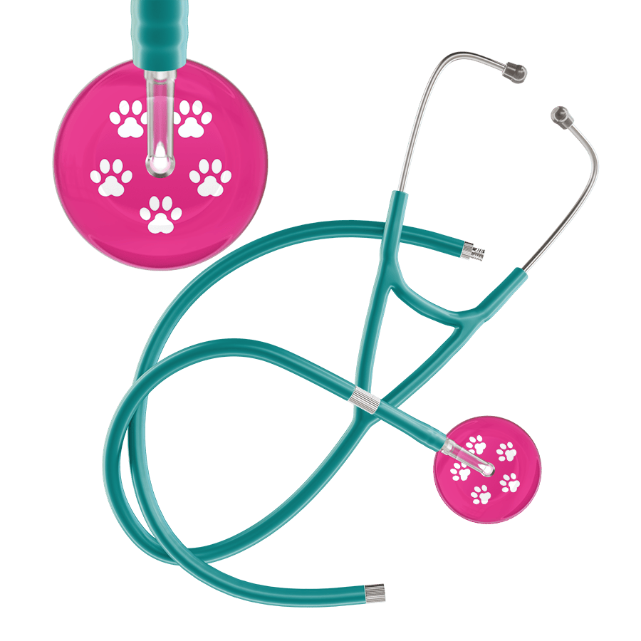 Ultrascope Single Stethoscope White Paw Hot Pink Background / Adult / Jade Extended Tubing White Paw Print Light Background Cardiology Stethoscope