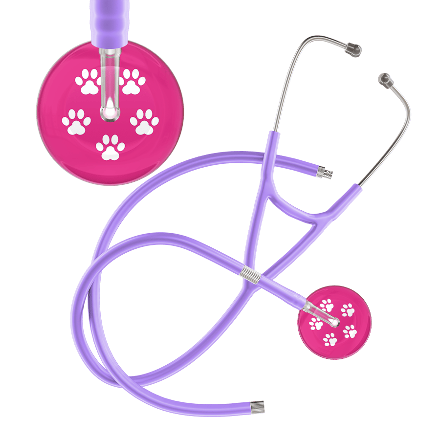 Ultrascope Single Stethoscope White Paw Hot Pink Background / Adult / Lavender Extended Tubing White Paw Print Light Background Cardiology Stethoscope