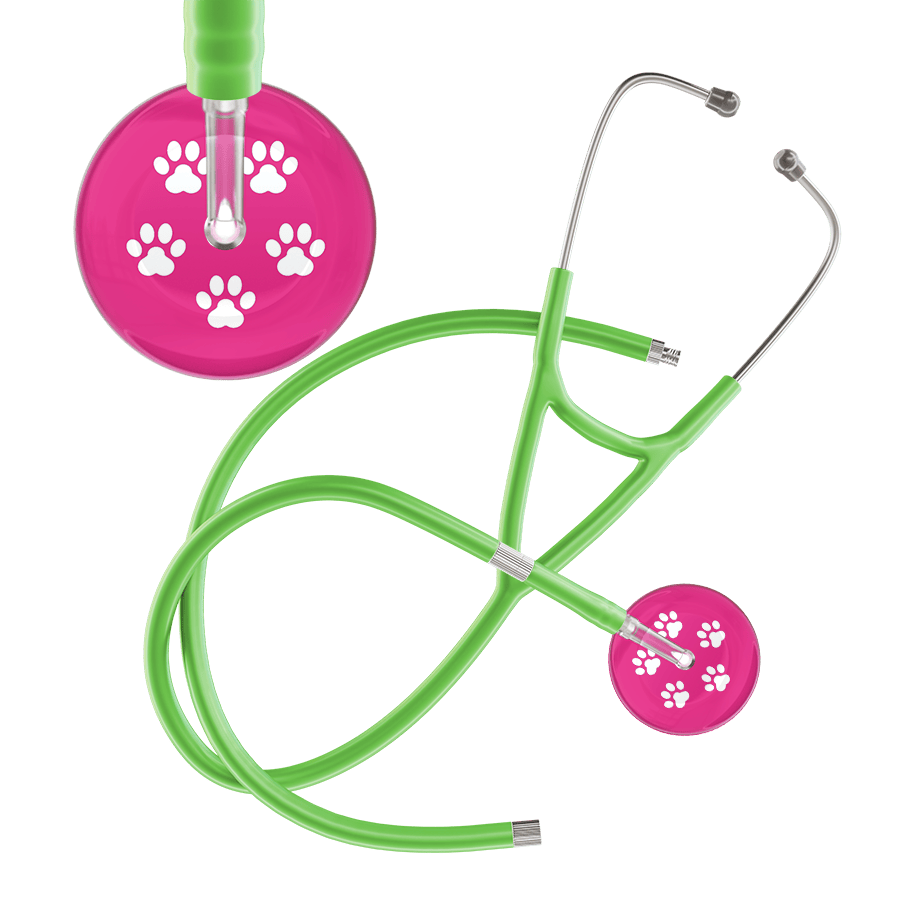 Ultrascope Single Stethoscope White Paw Hot Pink Background / Adult / Lime Green Extended Tubing White Paw Print Light Background Cardiology Stethoscope