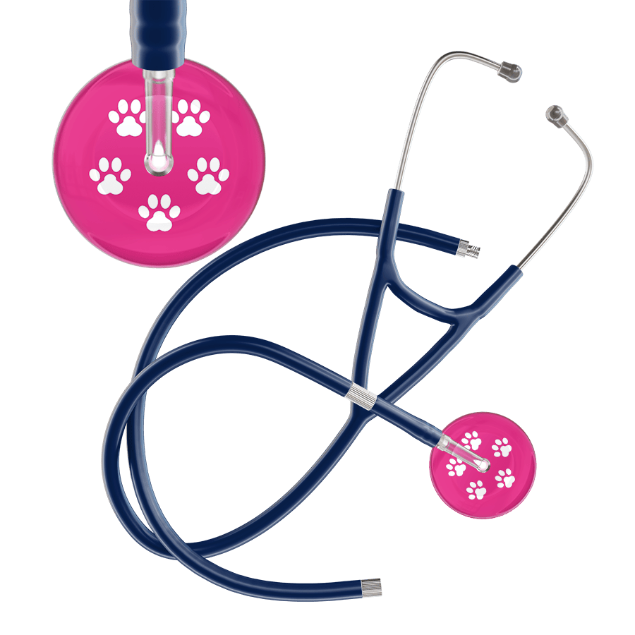 Ultrascope Single Stethoscope White Paw Hot Pink Background / Adult / Navy Extended Tubing White Paw Print Light Background Cardiology Stethoscope