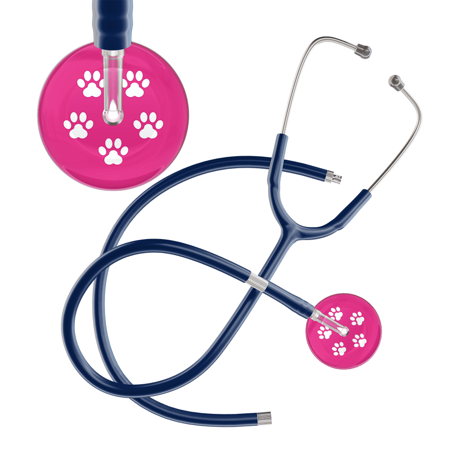 Ultrascope Single Stethoscope White Paw Hot Pink Background / Adult / Navy Extended Tubing White Paw Print Light Background Stethoscope