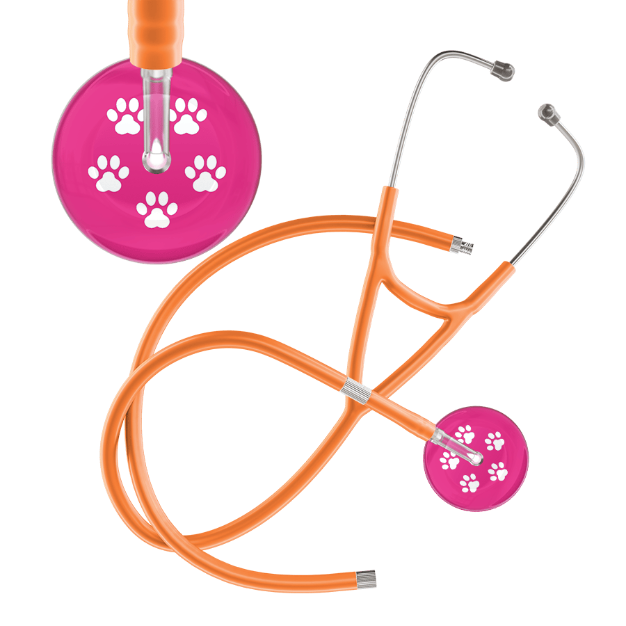 Ultrascope Single Stethoscope White Paw Hot Pink Background / Adult / Orange Extended Tubing White Paw Print Light Background Cardiology Stethoscope