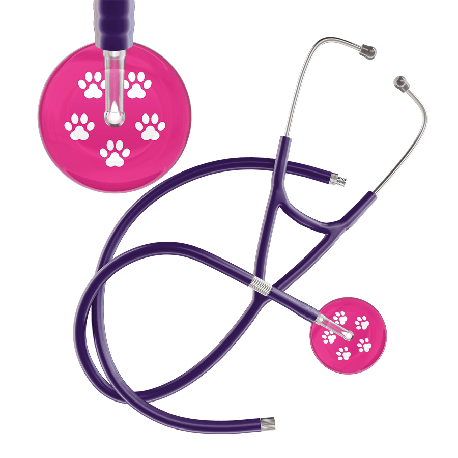 Ultrascope Single Stethoscope White Paw Hot Pink Background / Adult / Purple Extended Tubing White Paw Print Light Background Cardiology Stethoscope