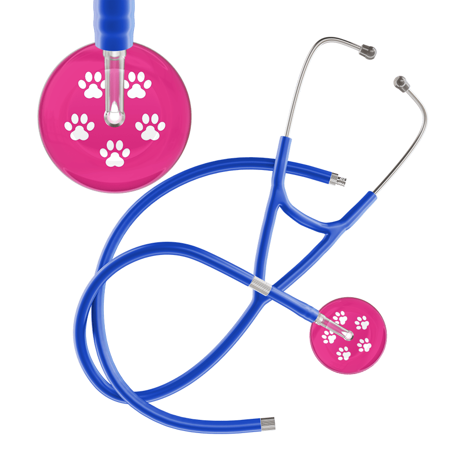 Ultrascope Single Stethoscope White Paw Hot Pink Background / Adult / Royal Blue Extended Tubing White Paw Print Light Background Cardiology Stethoscope