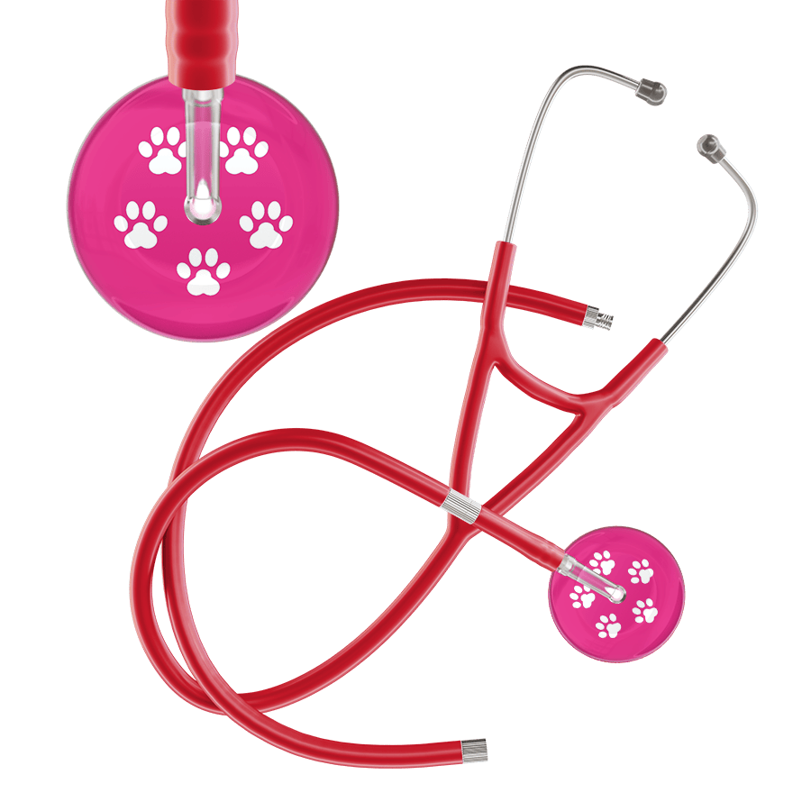 Ultrascope Single Stethoscope White Paw Hot Pink Background / Adult / Red Extended Tubing White Paw Print Light Background Cardiology Stethoscope