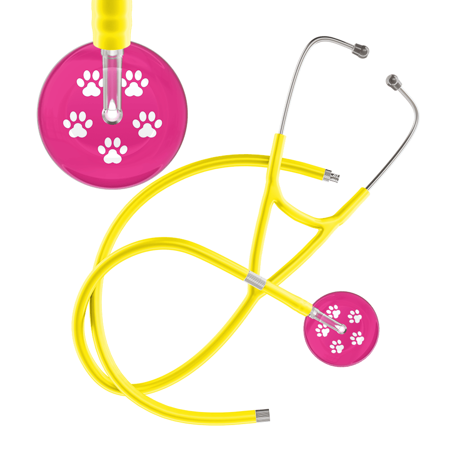 Ultrascope Single Stethoscope White Paw Hot Pink Background / Adult / Yellow Extended Tubing White Paw Print Light Background Cardiology Stethoscope