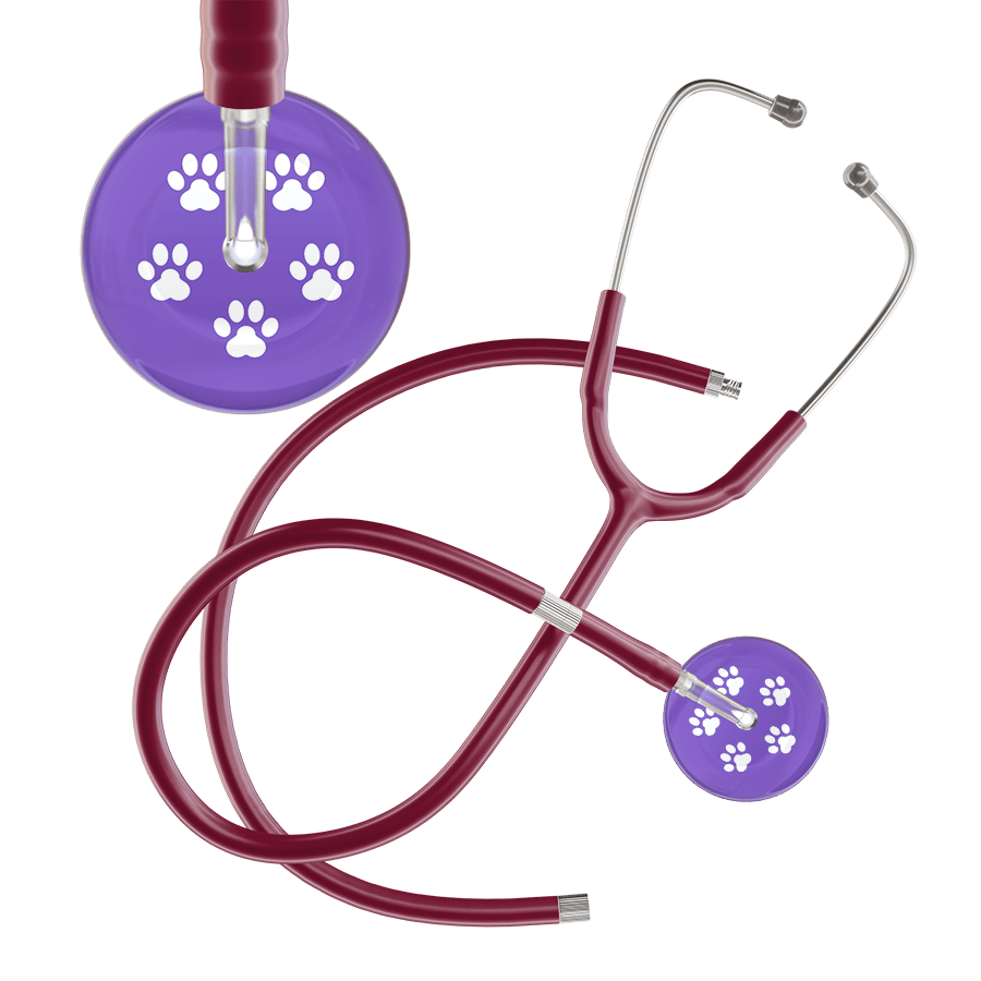 Ultrascope Single Stethoscope White Paw Lavender Background / Adult / Burgundy Extended Tubing White Paw Print Light Background Stethoscope