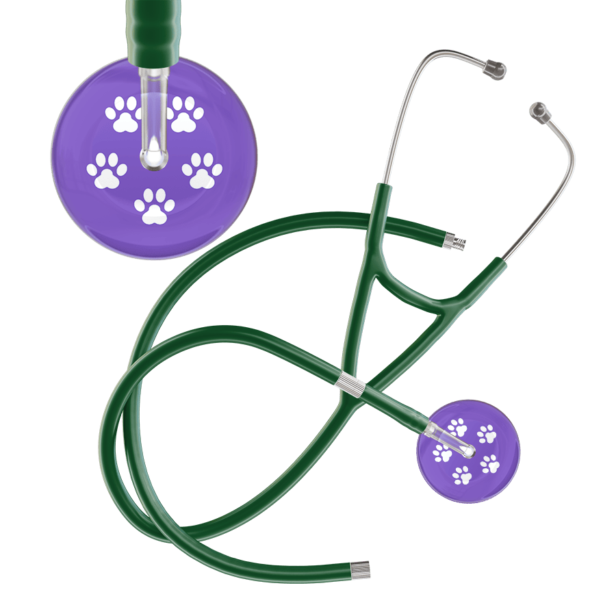 Ultrascope Single Stethoscope White Paw Lavender Background / Adult / Dark Green Extended Tubing White Paw Print Light Background Cardiology Stethoscope