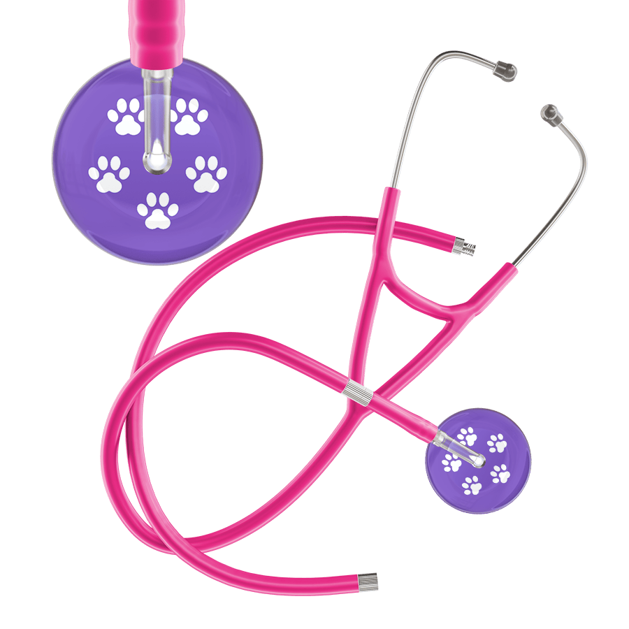 Ultrascope Single Stethoscope White Paw Lavender Background / Adult / Hot Pink Extended Tubing White Paw Print Light Background Cardiology Stethoscope