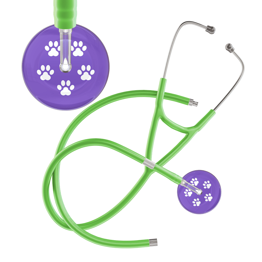 Ultrascope Single Stethoscope White Paw Lavender Background / Adult / Lime Green Extended Tubing White Paw Print Light Background Cardiology Stethoscope
