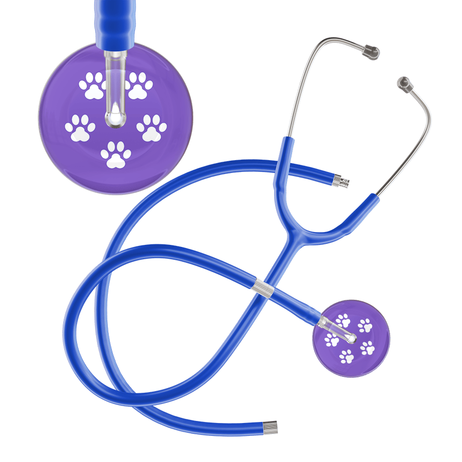Ultrascope Single Stethoscope White Paw Lavender Background / Adult / Royal Blue Extended Tubing White Paw Print Light Background Stethoscope