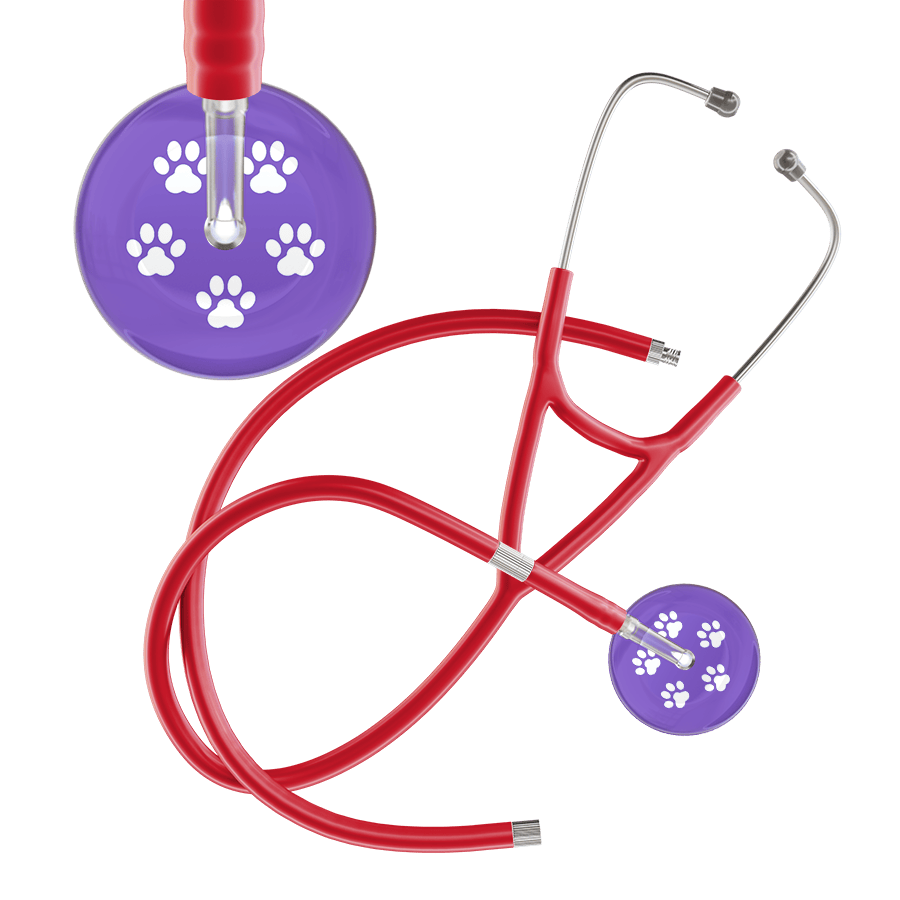 Ultrascope Single Stethoscope White Paw Lavender Background / Adult / Red Extended Tubing White Paw Print Light Background Cardiology Stethoscope