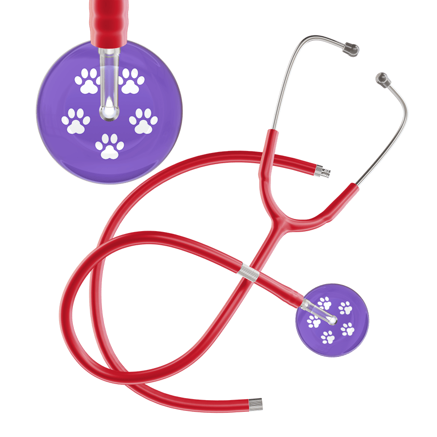 Ultrascope Single Stethoscope White Paw Lavender Background / Adult / Red Extended Tubing White Paw Print Light Background Stethoscope