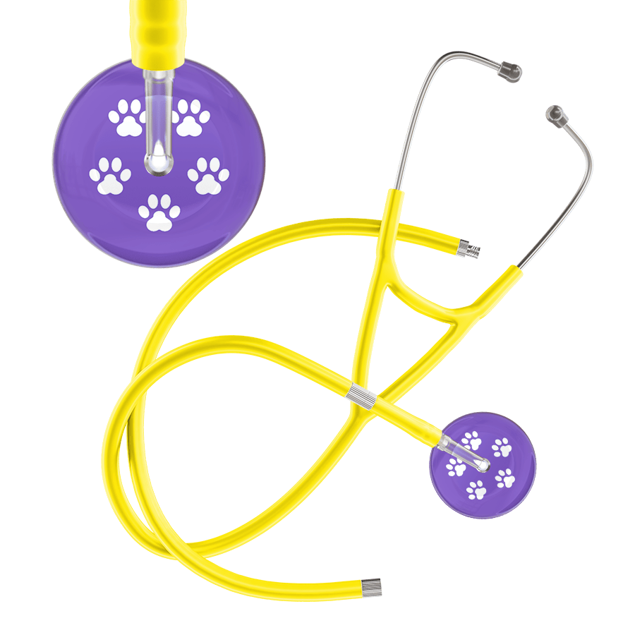 Ultrascope Single Stethoscope White Paw Lavender Background / Adult / Yellow Extended Tubing White Paw Print Light Background Cardiology Stethoscope