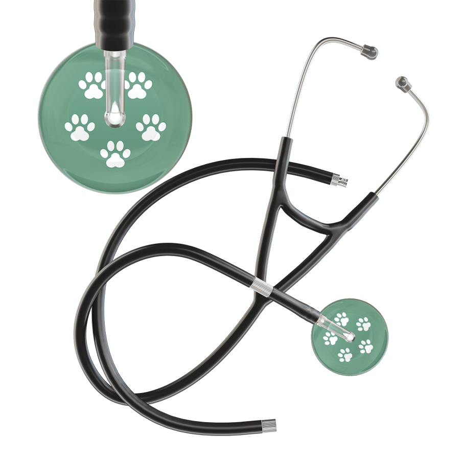 Ultrascope Single Stethoscope White Paw Sage Background / Adult / Black Extended Tubing White Paw Print Light Background Cardiology Stethoscope