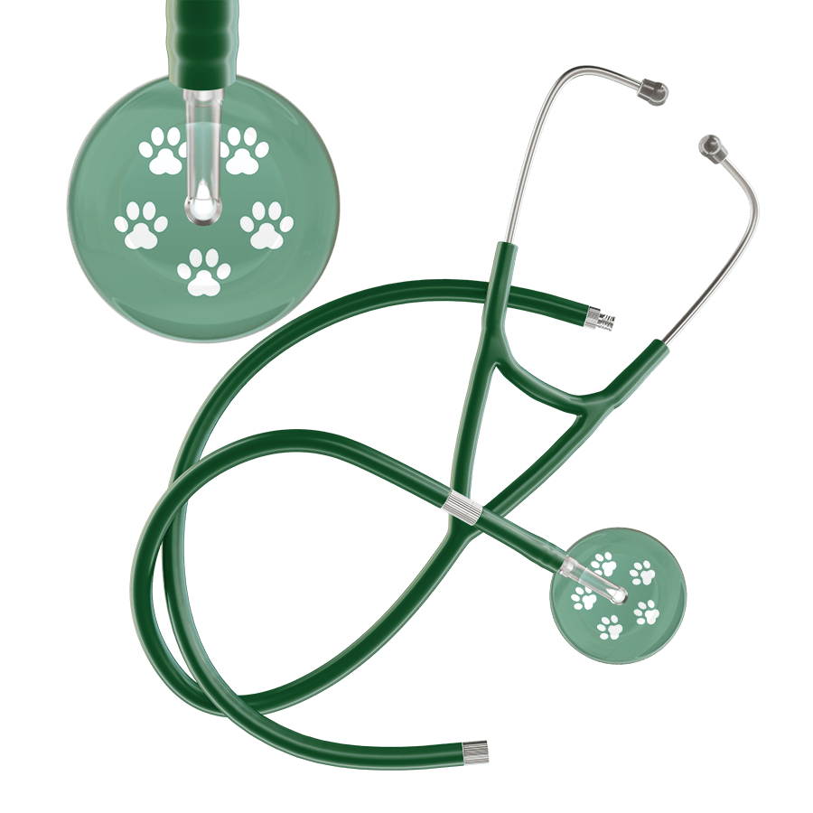 Ultrascope Single Stethoscope White Paw Sage Background / Adult / Dark Green Extended Tubing White Paw Print Light Background Cardiology Stethoscope