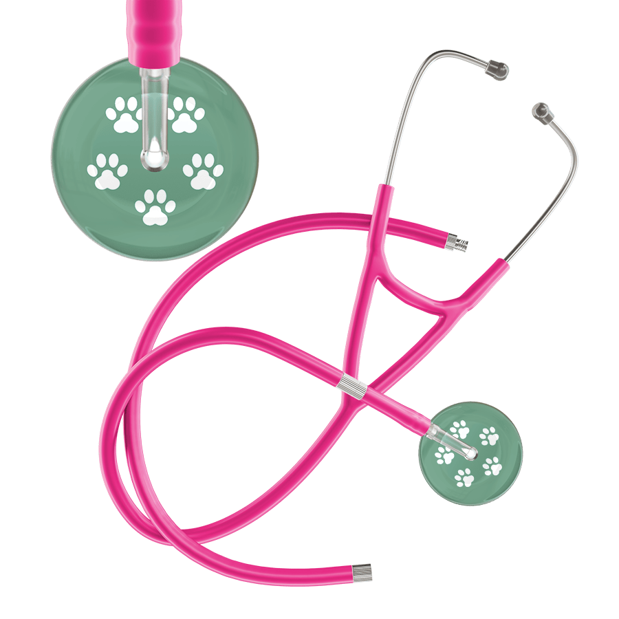 Ultrascope Single Stethoscope White Paw Sage Background / Adult / Hot Pink Extended Tubing White Paw Print Light Background Cardiology Stethoscope