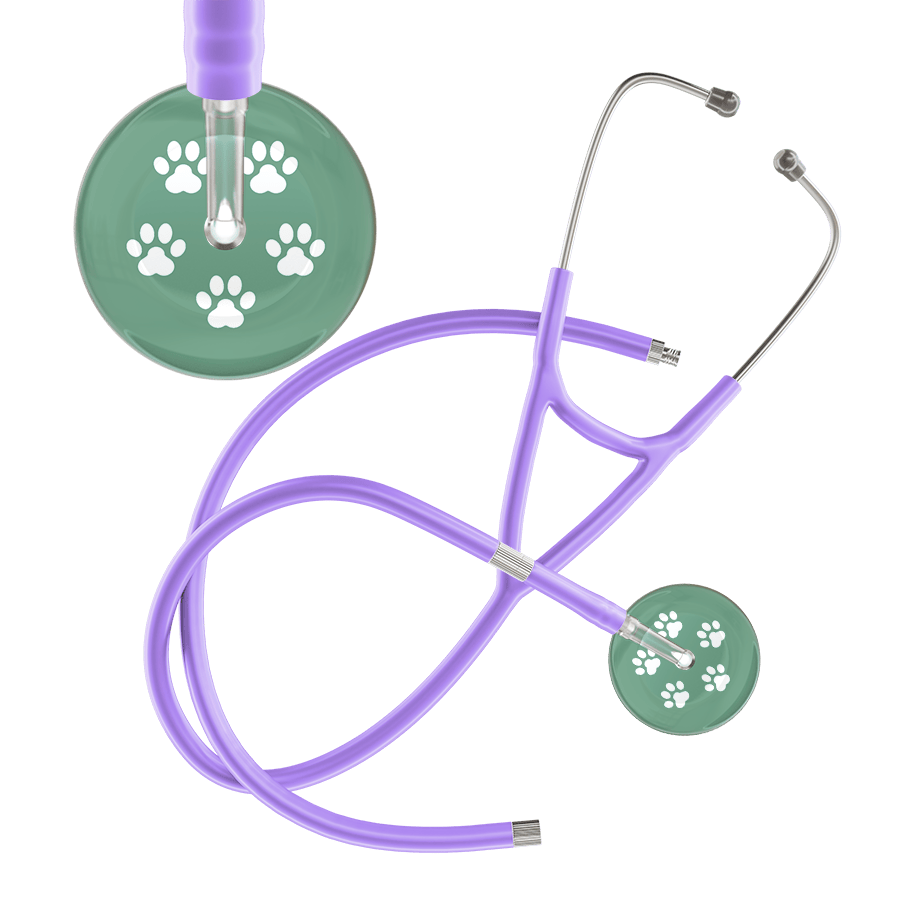 Ultrascope Single Stethoscope White Paw Sage Background / Adult / Lavender Extended Tubing White Paw Print Light Background Cardiology Stethoscope