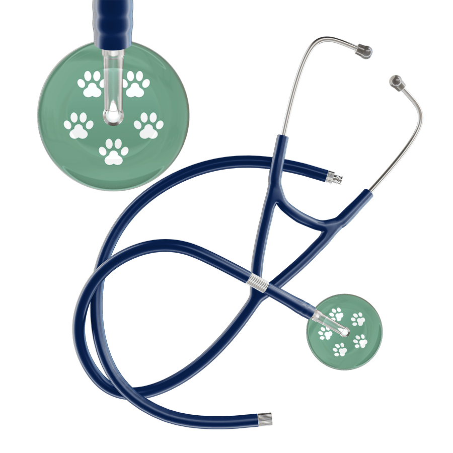 Ultrascope Single Stethoscope White Paw Sage Background / Adult / Navy Extended Tubing White Paw Print Light Background Cardiology Stethoscope
