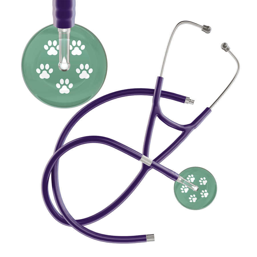 Ultrascope Single Stethoscope White Paw Sage Background / Adult / Purple Extended Tubing White Paw Print Light Background Cardiology Stethoscope