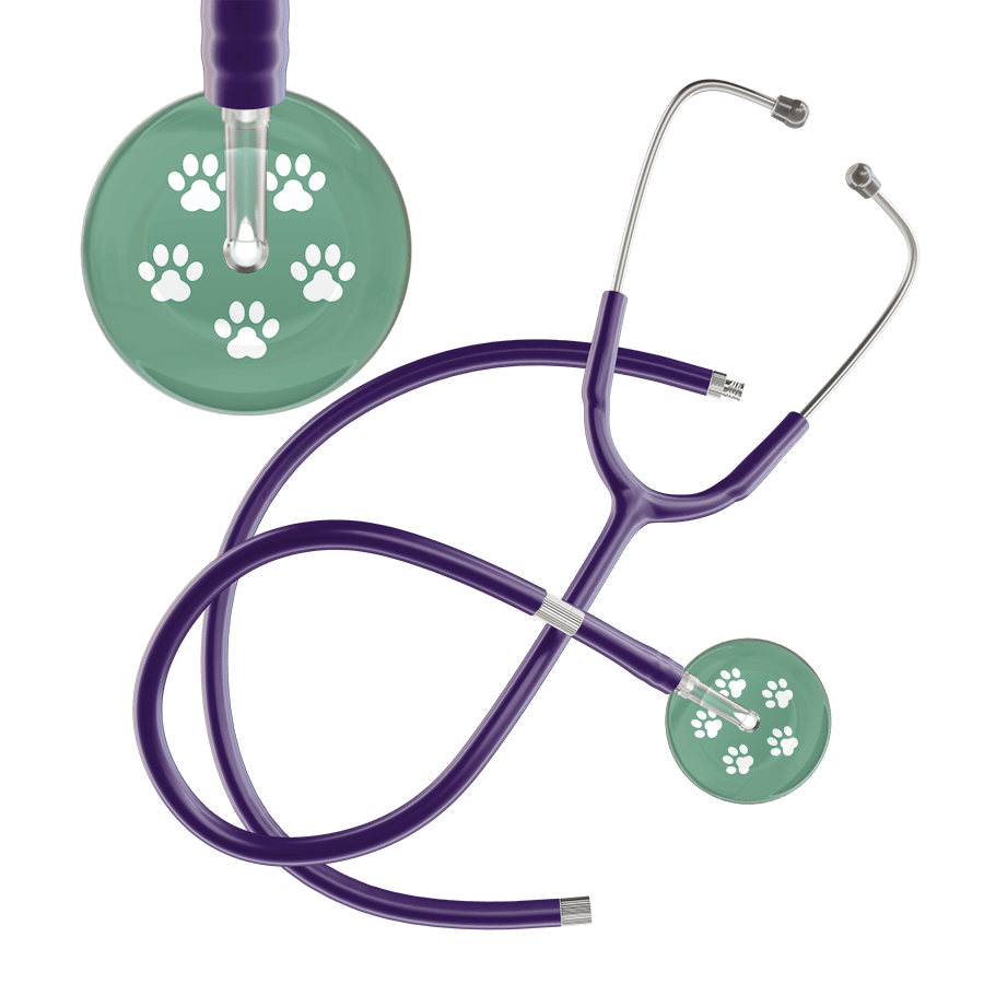 Ultrascope Single Stethoscope White Paw Sage Background / Adult / Purple Extended Tubing White Paw Print Light Background Stethoscope