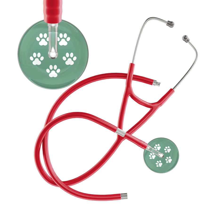 Ultrascope Single Stethoscope White Paw Sage Background / Adult / Red Extended Tubing White Paw Print Light Background Cardiology Stethoscope