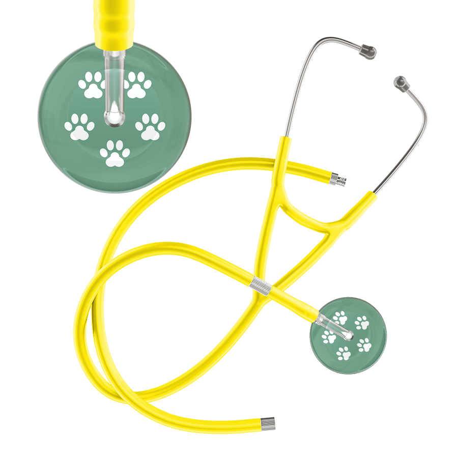 Ultrascope Single Stethoscope White Paw Sage Background / Adult / Yellow Extended Tubing White Paw Print Light Background Cardiology Stethoscope