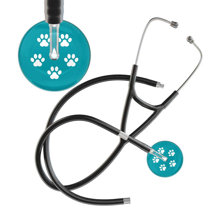 Ultrascope Single Stethoscope White Paw Teal Background / Adult / Black Extended Tubing White Paw Print Dark Background Cardiology Stethoscope
