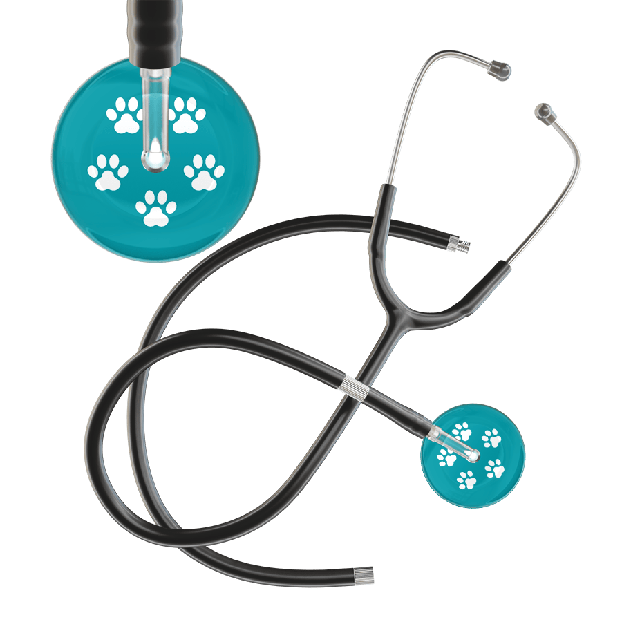 Ultrascope Single Stethoscope White Paw Teal Background / Adult / Black Extended Tubing White Paw Print Dark Background Stethoscope
