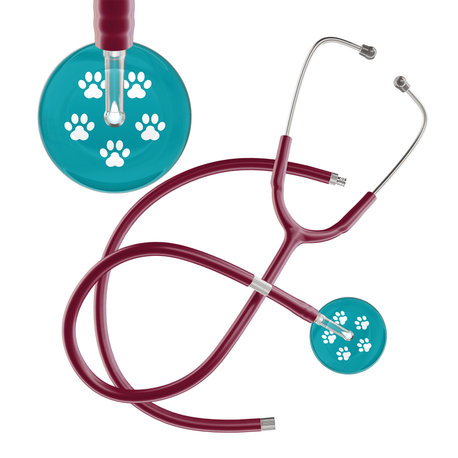 Ultrascope Single Stethoscope White Paw Teal Background / Adult / Burgundy Extended Tubing White Paw Print Dark Background Stethoscope