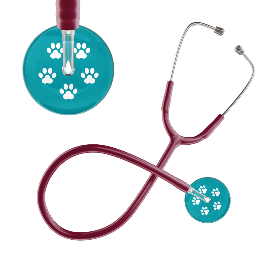 Ultrascope Single Stethoscope White Paw Teal Background / Adult / Burgundy White Paw Print Dark Background Stethoscope
