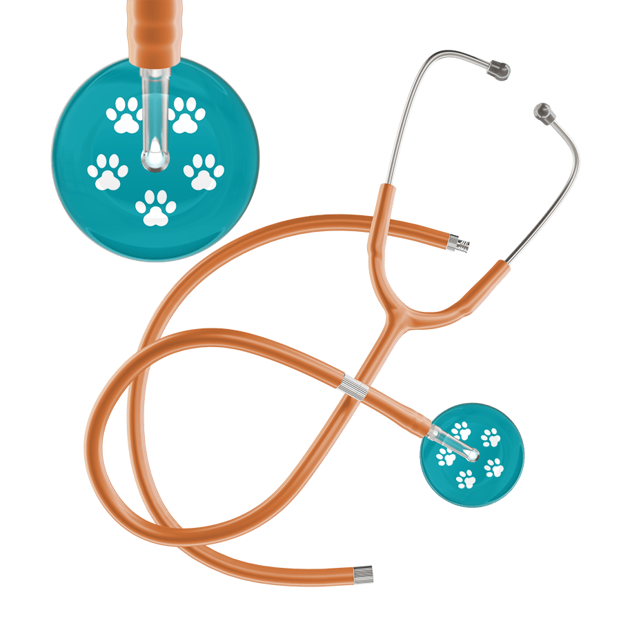 Ultrascope Single Stethoscope White Paw Teal Background / Adult / Caramel Extended Tubing White Paw Print Dark Background Stethoscope
