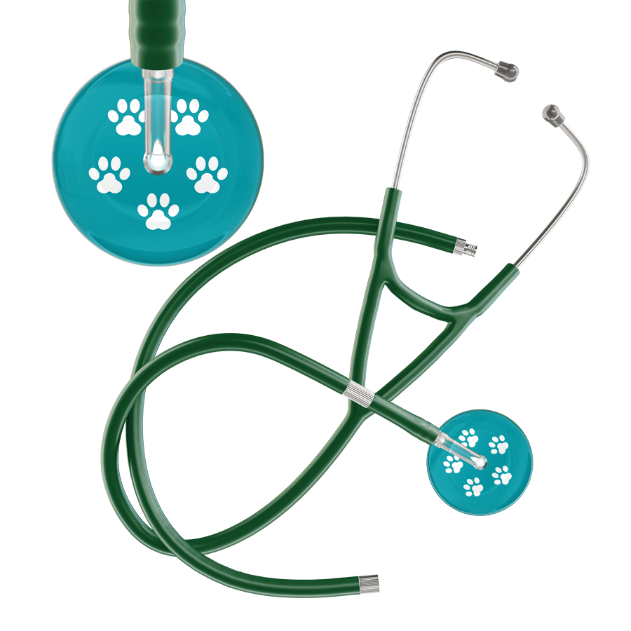 Ultrascope Single Stethoscope White Paw Teal Background / Adult / Dark Green Extended Tubing White Paw Print Dark Background Cardiology Stethoscope