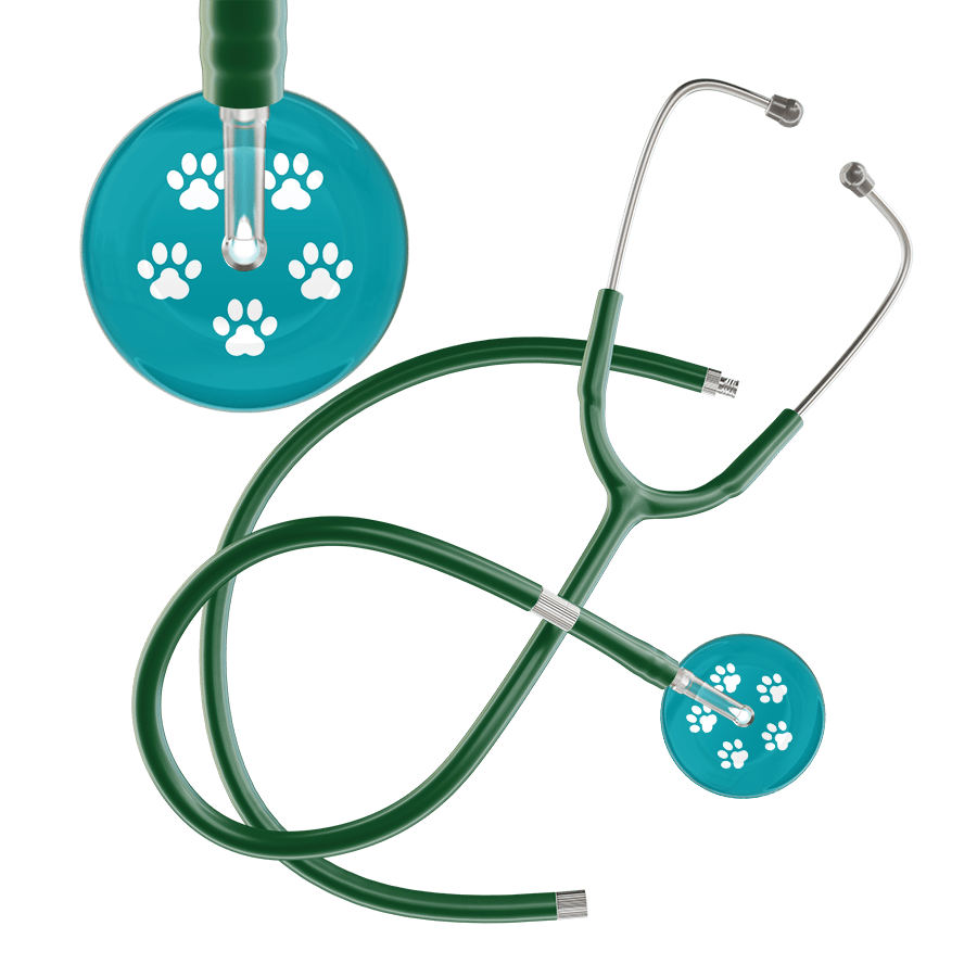 Ultrascope Single Stethoscope White Paw Teal Background / Adult / Dark Green Extended Tubing White Paw Print Dark Background Stethoscope
