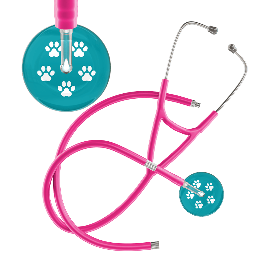 Ultrascope Single Stethoscope White Paw Teal Background / Adult / Hot Pink Extended Tubing White Paw Print Dark Background Cardiology Stethoscope