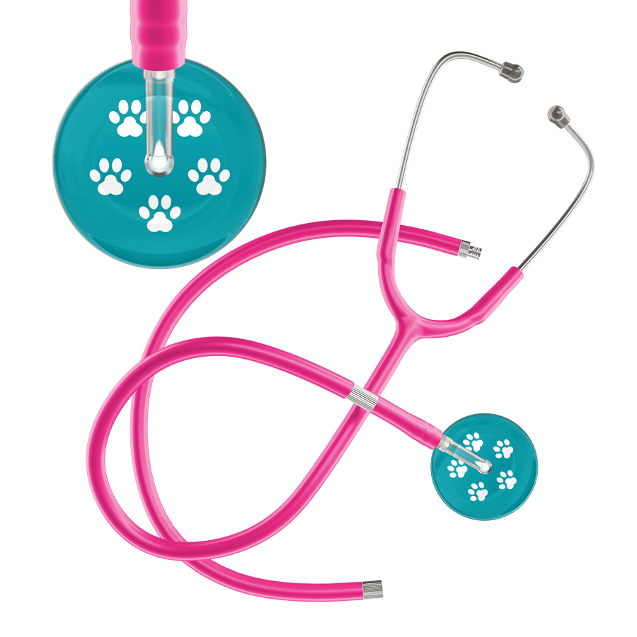 Ultrascope Single Stethoscope White Paw Teal Background / Adult / Hot Pink Extended Tubing White Paw Print Dark Background Stethoscope