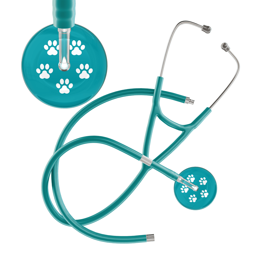 Ultrascope Single Stethoscope White Paw Teal Background / Adult / Jade Extended Tubing White Paw Print Dark Background Cardiology Stethoscope
