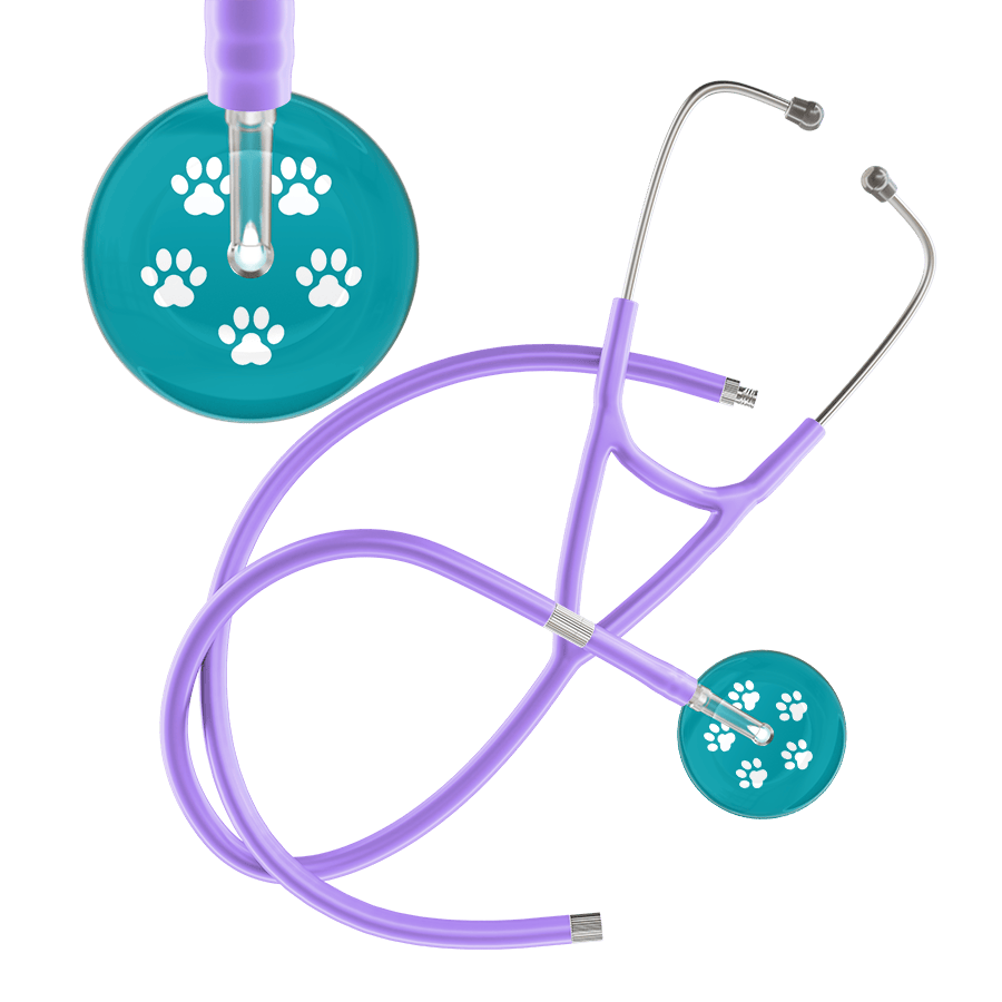 Ultrascope Single Stethoscope White Paw Teal Background / Adult / Lavender Extended Tubing White Paw Print Dark Background Cardiology Stethoscope