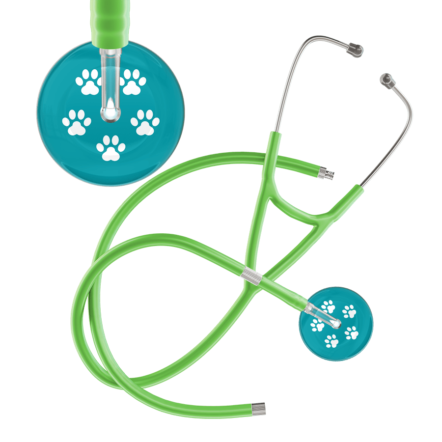Ultrascope Single Stethoscope White Paw Teal Background / Adult / Lime Green Extended Tubing White Paw Print Dark Background Cardiology Stethoscope