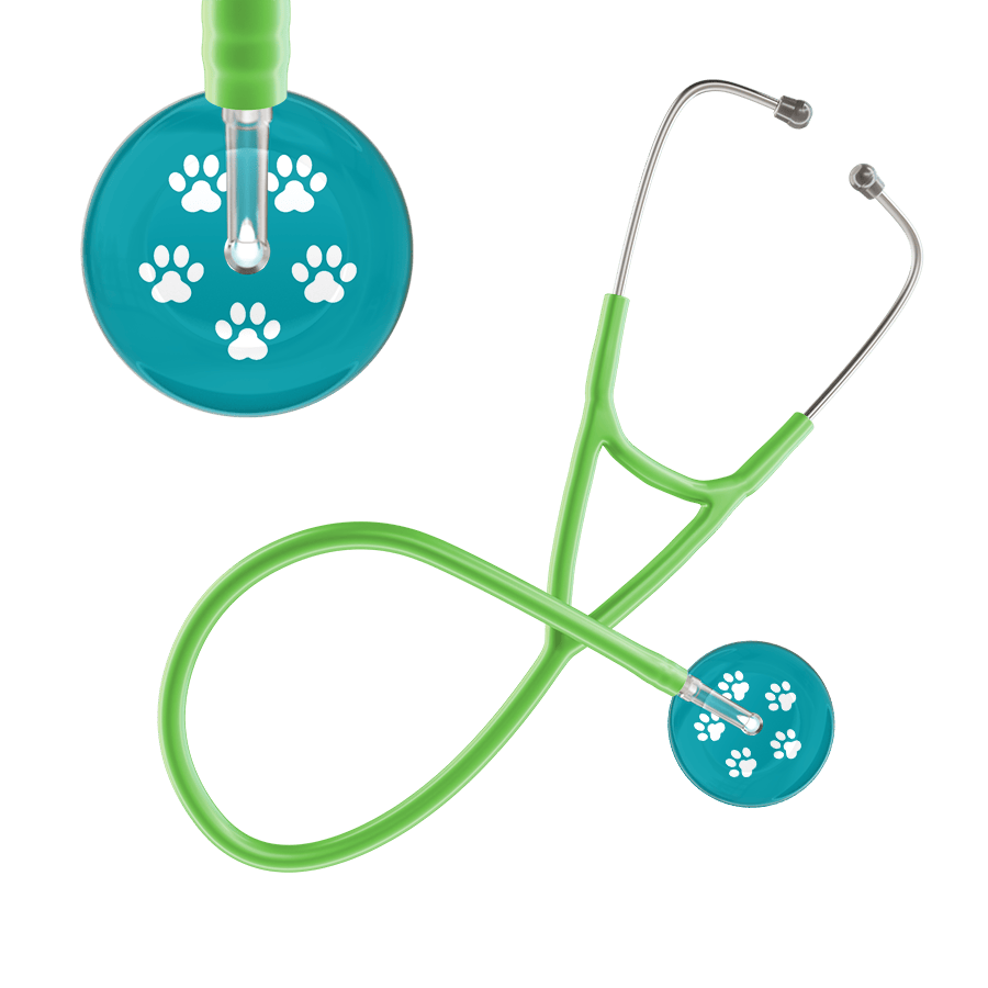 Ultrascope Single Stethoscope White Paw Teal Background / Adult / Lime Green White Paw Print Dark Background Cardiology Stethoscope