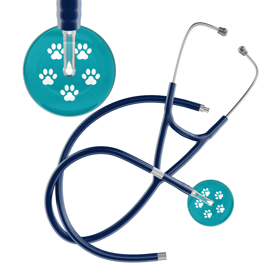 Ultrascope Single Stethoscope White Paw Teal Background / Adult / Navy Extended Tubing White Paw Print Dark Background Cardiology Stethoscope