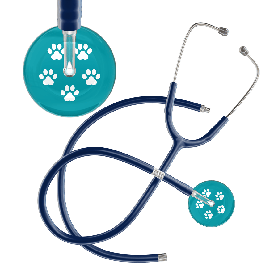 Ultrascope Single Stethoscope White Paw Teal Background / Adult / Navy Extended Tubing White Paw Print Dark Background Stethoscope