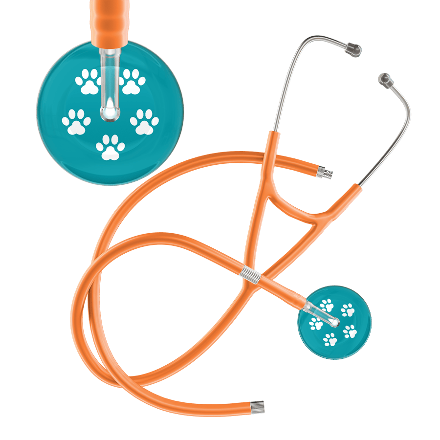 Ultrascope Single Stethoscope White Paw Teal Background / Adult / Orange Extended Tubing White Paw Print Dark Background Cardiology Stethoscope